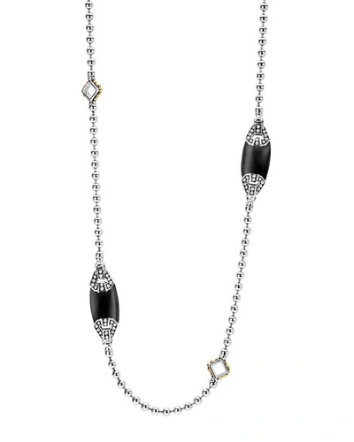 Lagos 18k Gold And Sterling Silver Caviar Colour Onyx Station Necklace, 34 In Black/silver