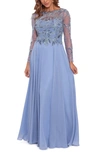 Xscape Women's Sequin Embellished Long Sleeve Chiffon Gown In Dusty Blue