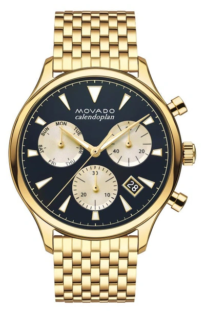 Movado Heritage Series Yellow Gold Stainless Steel Calendoplan Chronograph Watch In Navy/gold