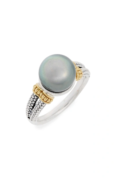 Lagos 18k Gold And Sterling Silver Luna Cultured Tahitian Pearl Ring In Black Pearl
