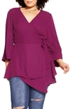 City Chic Shibara Vibes Blouson Sleeve Wrap Top In Mulberry