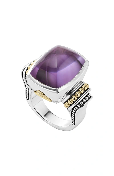 Lagos 18k Gold And Sterling Silver Caviar Color Large Amethyst Ring