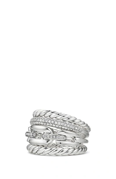 David Yurman Wellesley Sterling Silver Four-row Ring With Diamonds In White/silver