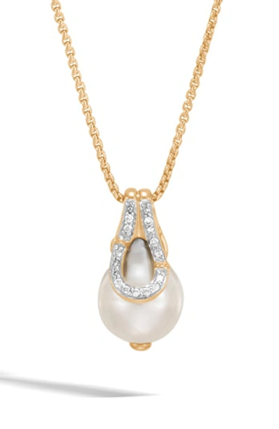 John Hardy 18k Yellow Gold Bamboo Cultured Freshwater Pearl & Pave Diamond Pendant Necklace, 16 In Gold/ Diamond
