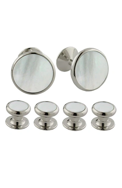 David Donahue Mother Of Pearl Inlay Stud & Cufflink Set In Silver