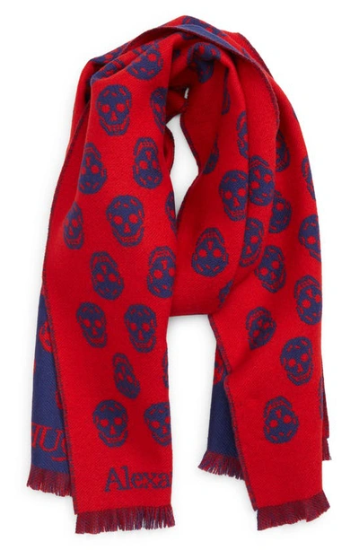 Alexander Mcqueen Skull Wool Reversible Scarf In Red/ Blue
