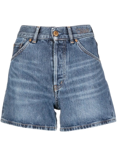 Chloé Embroidered High-rise Denim Shorts In Blue