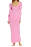 Skims Lounge Ribbed Long Sleeve Maxi Dress In Bubblegum