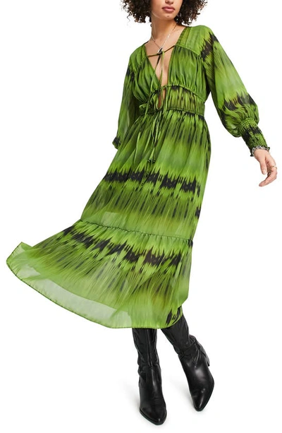 Topshop Tie Dye Long Sleeve Tiered Midi Dress In Green