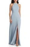 Dessy Collection Stand Collar Halter Maxi Dress With Criss Cross Open-back In Mist