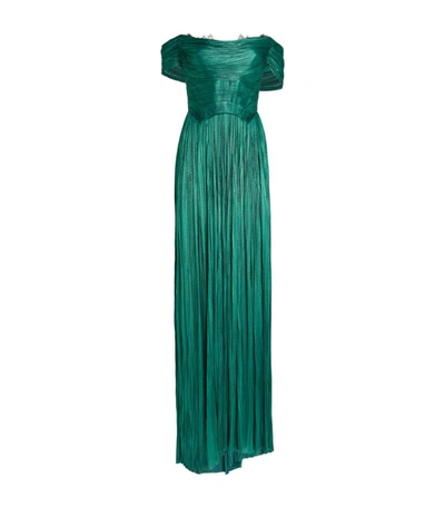 Maria Lucia Hohan Theia Metallic Thigh-slit Silk Plisse Gown W/ Adjustable Shawl In Forest Green