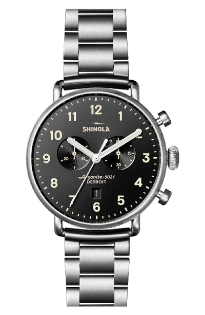 Shinola 43mm Canfield Chronograph Stainless Steel Watch In Silver/ Black