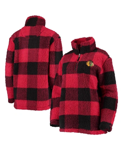 G-iii 4her By Carl Banks Women's  Red, Black Chicago Blackhawks Plaid Sherpa Quarter-zip Jacket In Black,red
