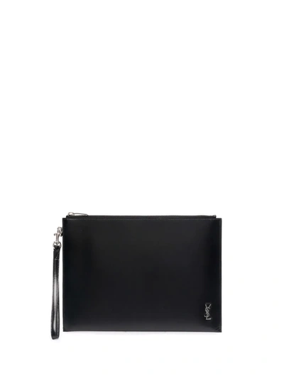 Saint Laurent Logo-embellished Croc-effect Leather Ipad Case In Black