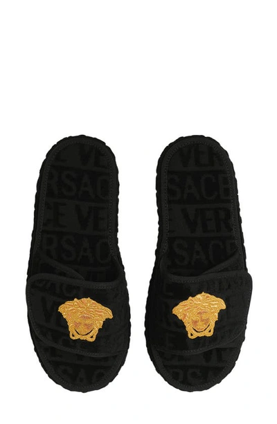 Versace Medusa Embroidered Slippers In Black