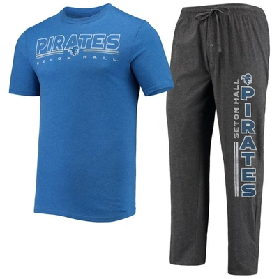 Concepts Sport Men's  Heathered Charcoal, Blue Seton Hall Pirates Meter T-shirt And Pants Sleep Set In Heathered Charcoal,blue