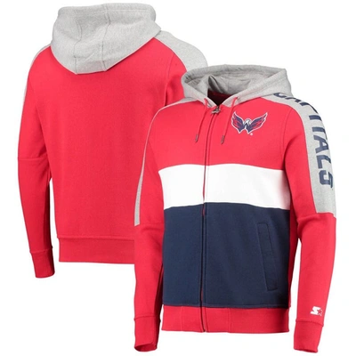 Starter Men's Red, Navy Washington Capitals Playoffs Color Block Full-zip Hoodie In Red,navy