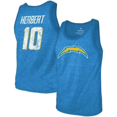 Majestic Threads Justin Herbert Powder Blue Los Angeles Chargers Name & Number Tri-blend Tank Top