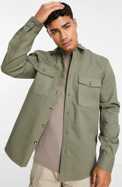 Asos Design Overshirt Shacket In Khaki-green
