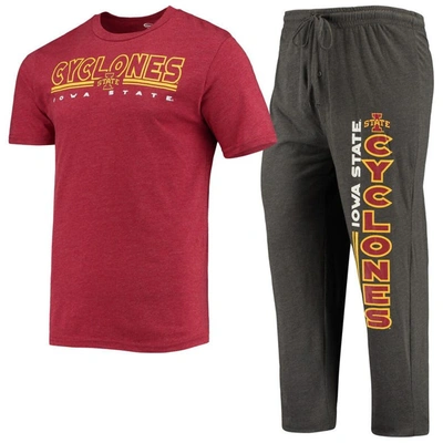 Concepts Sport Men's  Heathered Charcoal, Cardinal Iowa State Cyclones Meter T-shirt And Pants Sleep In Heathered Charcoal,cardinal