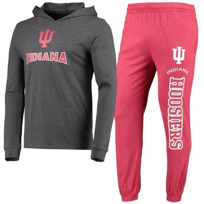 Concepts Sport Crimson/heather Charcoal Indiana Hoosiers Meter Long Sleeve Hoodie T-shirt & Jogger P In Crimson,heather Charcoal