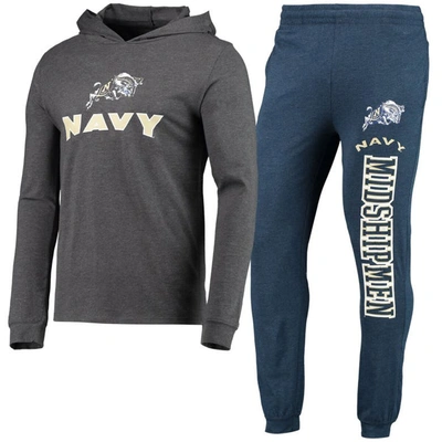 Concepts Sport Navy/heather Charcoal Navy Midshipmen Meter Long Sleeve Hoodie T-shirt & Jogger Pajam In Navy,heather Charcoal