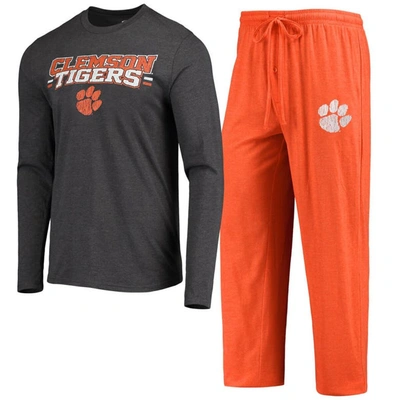 Concepts Sport Men's  Orange, Heathered Charcoal Clemson Tigers Meter Long Sleeve T-shirt And Pants S In Orange,heather Charcoal