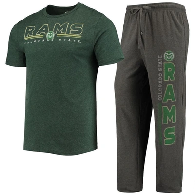 Concepts Sport Men's  Heathered Charcoal, Green Distressed Colorado State Rams Meter T-shirt And Pant In Heather Charcoal,green