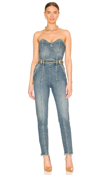 Retroféte Dree Strapless Belted Raw Hem Denim Jumpsuit In Ariel