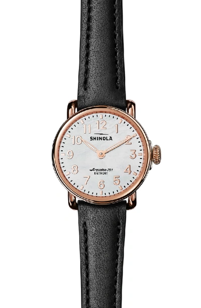Shinola The Runwell Leather Strap Watch, 28mm In Black/ White Mop/ Rose Gold