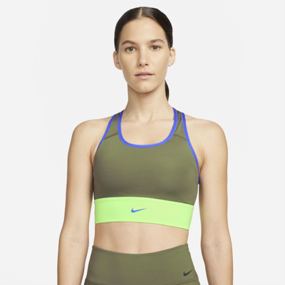 Nike Dri-fit Swoosh Women's Medium-support 1-piece Padded Longline Sports Bra In Medium Olive,lime Glow,hyper Royal,hyper Royal