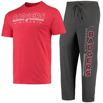 Concepts Sport Men's  Heathered Charcoal, Red Wisconsin Badgers Meter T-shirt And Pants Sleep Set In Heathered Charcoal,red