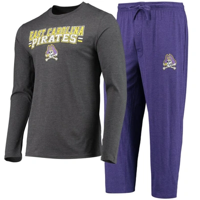Concepts Sport Men's  Purple, Heathered Charcoal Distressed Ecu Pirates Meter Long Sleeve T-shirt And In Purple,heathered Charcoal