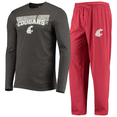 Concepts Sport Crimson/heathered Charcoal Washington State Cougars Meter Long Sleeve T-shirt & Pants In Crimson,heather Charcoal
