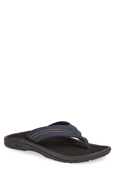 Olukai Men's Hokua Faux-leather Flip-flop Sandals In Trench Blue/ Black