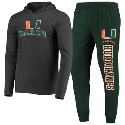 Concepts Sport Green/heather Charcoal Miami Hurricanes Meter Long Sleeve Hoodie T-shirt & Jogger Paj In Green,heather Charcoal