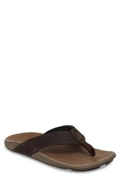 Olukai 'nui' Leather Flip Flop In Dark Wood/ Clay Leather