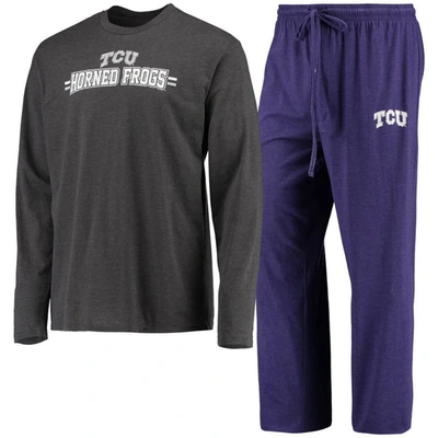 Concepts Sport Purple/heathered Charcoal Tcu Horned Frogs Meter Long Sleeve T-shirt & Pants Sleep Se In Purple,heathered Charcoal