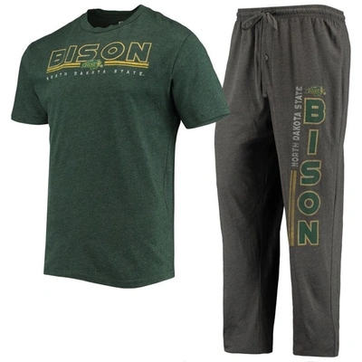 Concepts Sport Men's  Heathered Charcoal, Green Ndsu Bison Meter T-shirt And Pants Sleep Set In Heathered Charcoal,green
