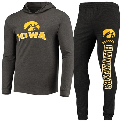 Concepts Sport Black/heather Charcoal Iowa Hawkeyes Meter Long Sleeve Hoodie T-shirt & Jogger Pajama