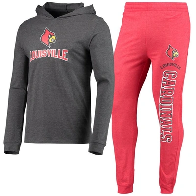 Concepts Sport Red/heather Charcoal Louisville Cardinals Meter Long Sleeve Hoodie T-shirt & Jogger P In Red,heathered Charcoal