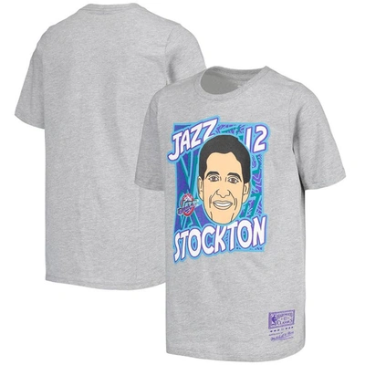 Mitchell & Ness Kids' Youth  John Stockton Gray Utah Jazz Hardwood Classics King Of The Court Player T-shir