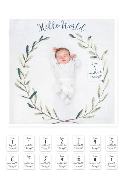 Lulujo Baby's First Year Hello World Muslin Blanket & Milestone Card Set In Green