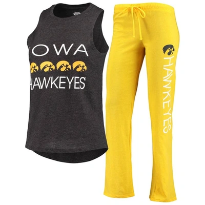 Concepts Sport Women's Black, Gold Iowa Hawkeyes Team Tank Top And Pants Sleep Set In Black,gold-tone