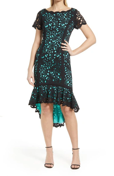 Shani Laser Cut Floral High-low Cocktail Dress In Black Mint