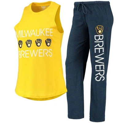 Concepts Sport Women's  Navy, Gold Milwaukee Brewers Meter Muscle Tank Top And Pants Sleep Set In Navy,gold
