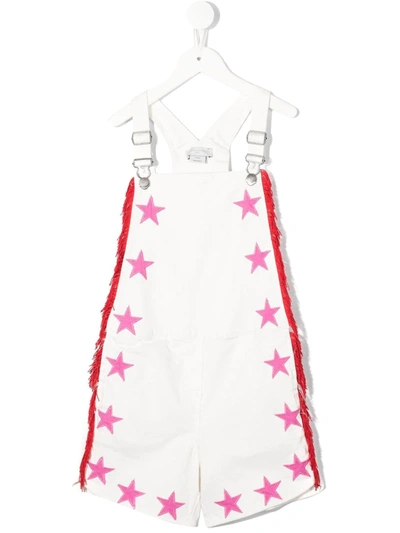 Stella Mccartney Kids Dungarees In White Denim With Stars And Fringes