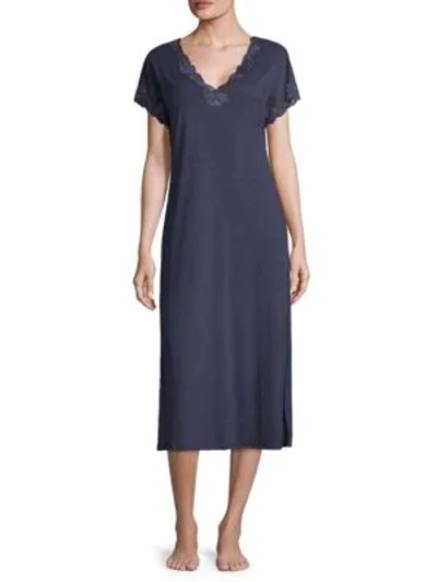 Natori Zen Floral Lace Nightgown In Heather Navy Blue