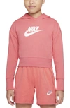 Nike Kids' Club Crop Cotton Blend French Terry Hoodie In Pink Salt/ White