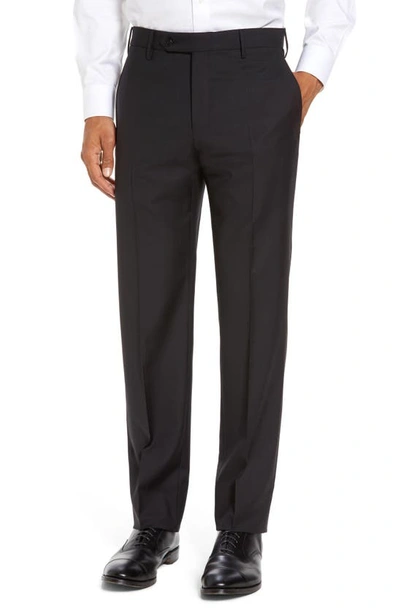 Zanella Parker Flat Front Sharkskin Wool Trousers In Black